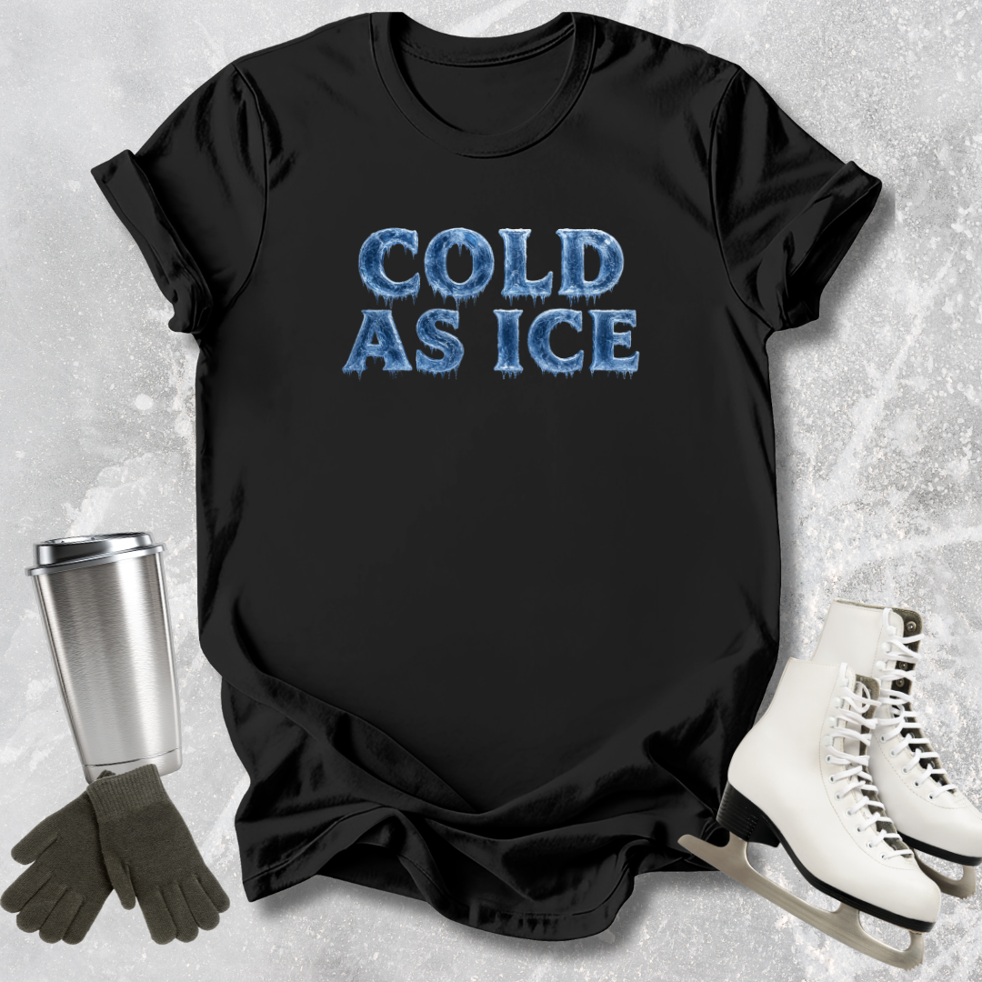 Black t-shirt with 'COLD AS ICE' text, silver tumbler, gloves, and skates on a textured gray background