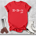 Red t-shirt with text, white skates, silver tumbler, and brown gloves on a light gray background