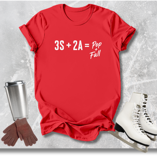 Red t-shirt with text, white skates, silver tumbler, and brown gloves on a light gray background