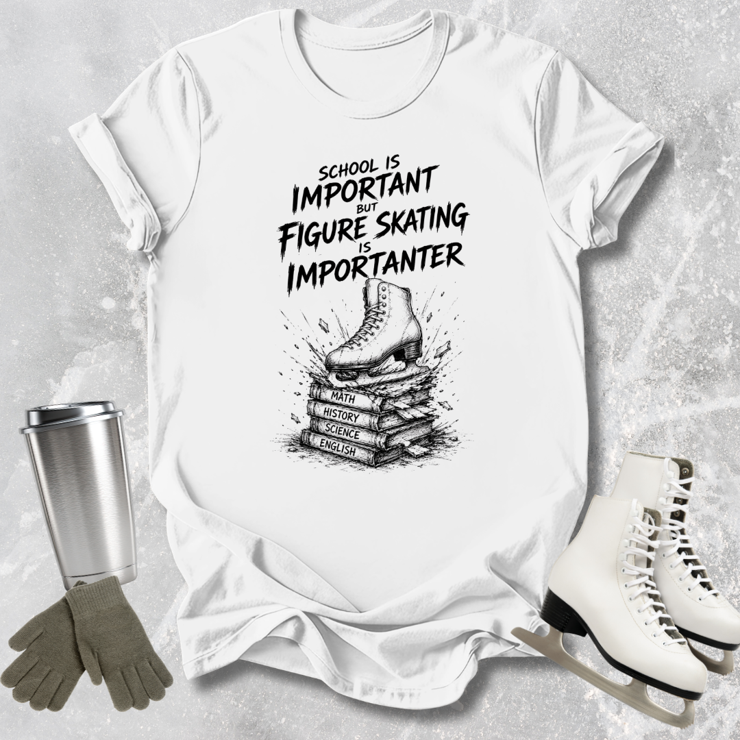 White t-shirt with figure skating design and text, surrounded by ice skates and a tumbler.