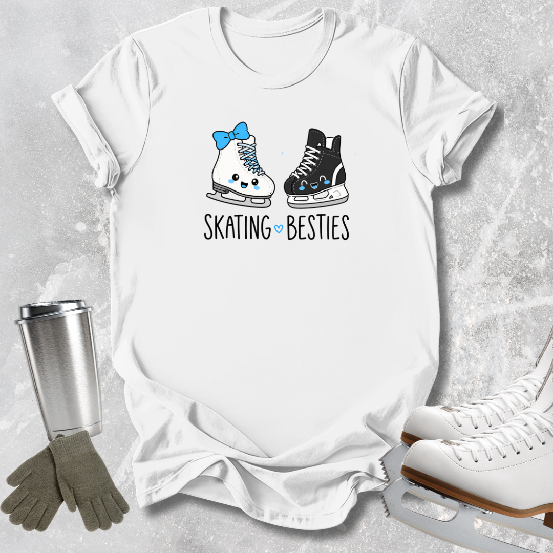 A white short-sleeve graphic T-shirt laid flat on a light gray textured surface, featuring two cartoon ice skates with faces and the text 'SKATING BESTIES.' A stainless steel tumbler, gray gloves, and white ice skates are placed around it as styling props.