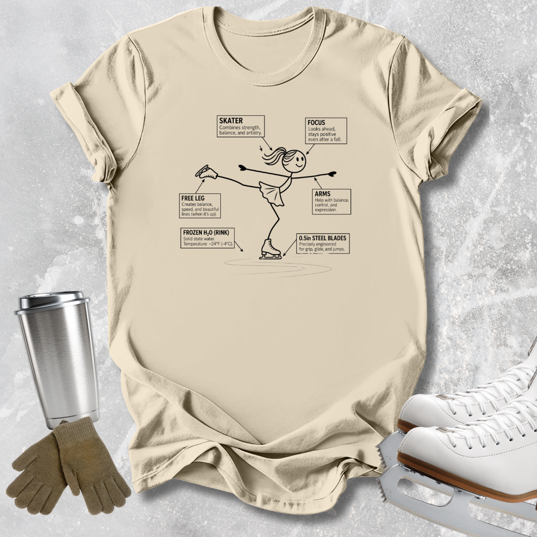 A beige graphic t-shirt featuring a black line art illustration of an ice skater with labeled parts, styled in a flat-lay with ice skates, gloves, and a travel tumbler on a textured gray background.