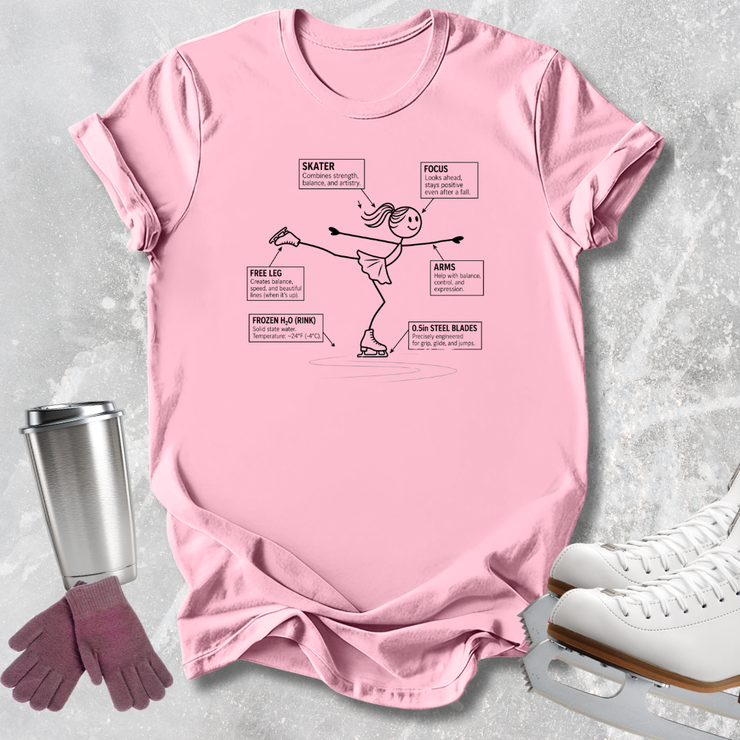 A pink short-sleeve graphic T-shirt laid flat on a light gray textured surface, with a black line drawing of an ice skater and labeled callouts. A stainless steel tumbler, purple gloves, and white ice skates are placed around it as styling props.