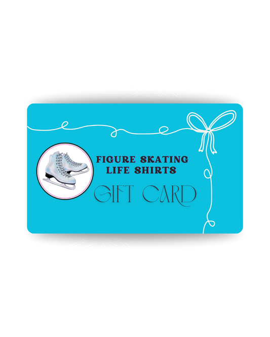 Blue gift card with figure skating design and text on a white background